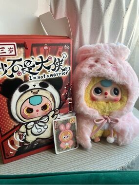 Baby three “not your warrior” Pink Plush Bunny Hooded Doll